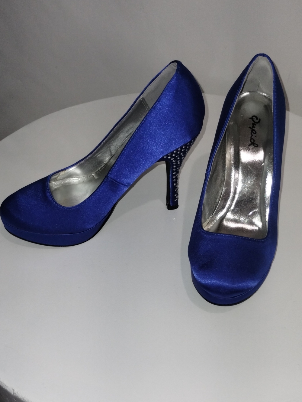 Qupid Cobalt Satin Platform Pumps with Jeweled Heel
